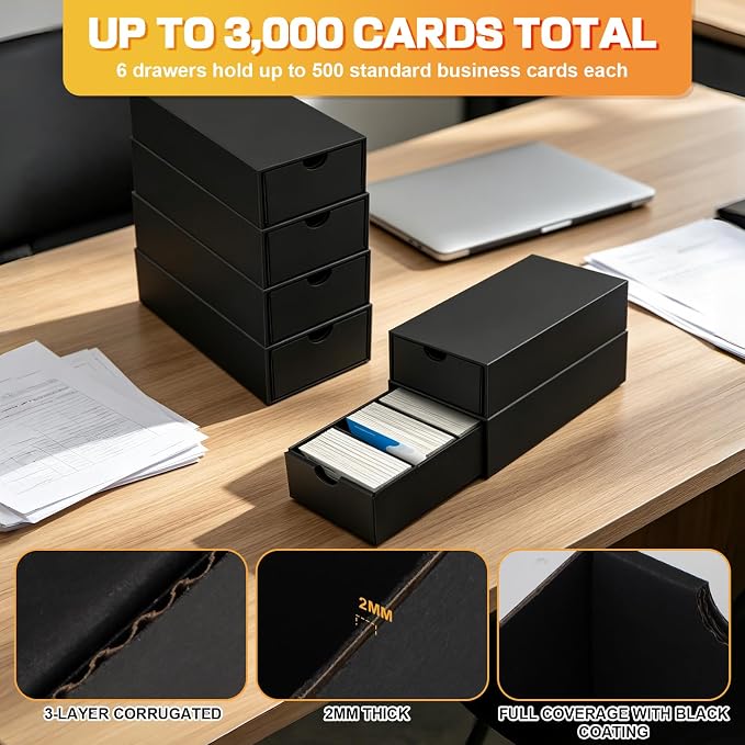 Business Card Storage Box 6 Pack, Stackable Card Organizer with Pull-Out Drawers and 24 Sections, Holds Up to 3000 Cards, Black Corrugated Desktop Filing Boxes with Labels - Image 7