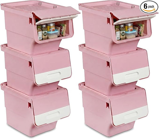 GIANTEX 6 Pack Plastic Stackable Storage Bins with Lids & Wheels, 12.5 QT | Open Front Stacking Bins, Organizer Bins for Pantry, Kitchen, Laundry, Closet, Playroom, Bedroom Organization by Giantex