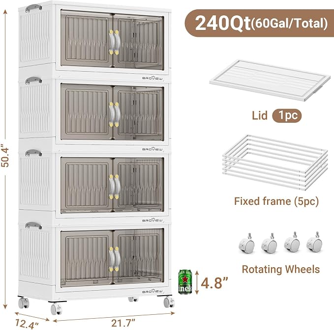 BROVIEW 240Qt Stackable Storage Bins with Lid, Extra Large Closet Organizer Collapsible Drawer Boxes with Wheels, Folding Plastic Cabinet Containers for Home Kitchen Room Organization, 4Pack White - Image 2