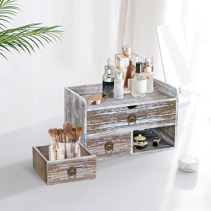 Wood Desk Organizer with Drawer, Washed Brown Wooden Desktop Organizer, Tabletop Storage Organization Box for Countertop, Home Office Supplies (3 Drawer and Shelf) - Image 8