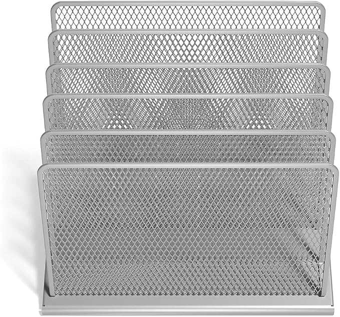TRU RED Wire Mesh File Organizer, 5‑Compartment, Silver, 2‑Pack – Vertical Desktop Sorter for Files, Folders & Mail by TRURED