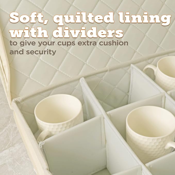 Cup & Mug Storage Case | Hard Shell Felt Dividers | Cream | Hard Shell Case Holds 12 Cups Or Mugs In 4x4 Felt Compartments. Stackable, Top-Load, Dual Handles. Cream Linen Finish. - Image 5