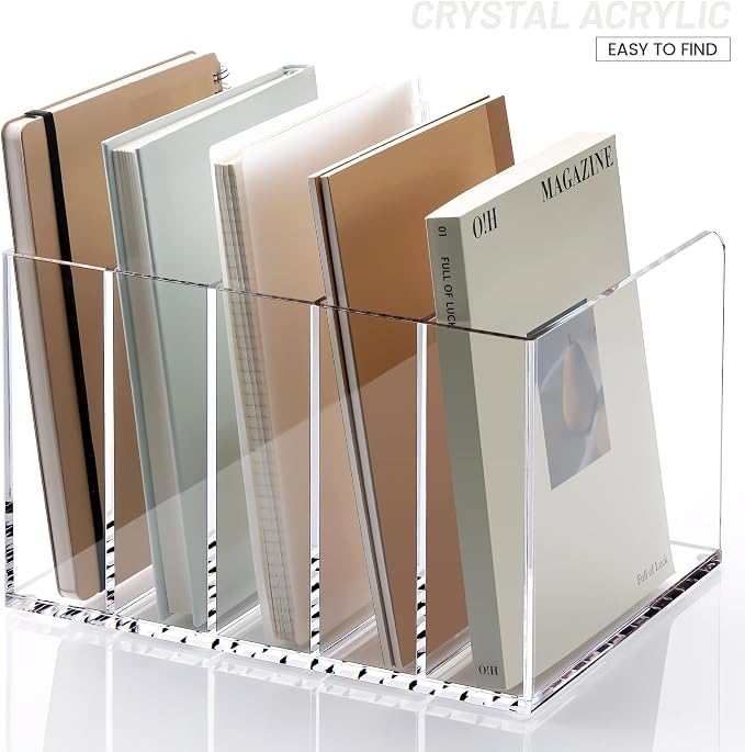 YUXUN Acrylic Magazine Holder,Clear Desk Organizer Vertical File Sorter Holder Stand for Notebook,Paper,Envelope,Magazine, Book Storage-Office/Home/Classroom Organization (5 Compartments,B5) - Image 8