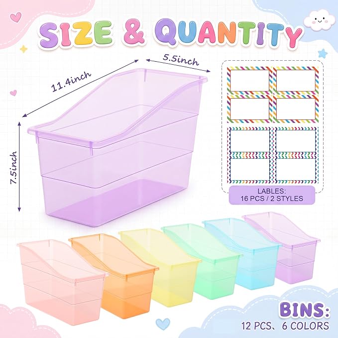 Blosssound 12 Set Book Bins for Classroom with Label Sticker Book Box Baskets Plastic Stackable Organizing Bins Storage & Organization for Classroom Library Home School Supplies (Translucent Pastel) - Image 2