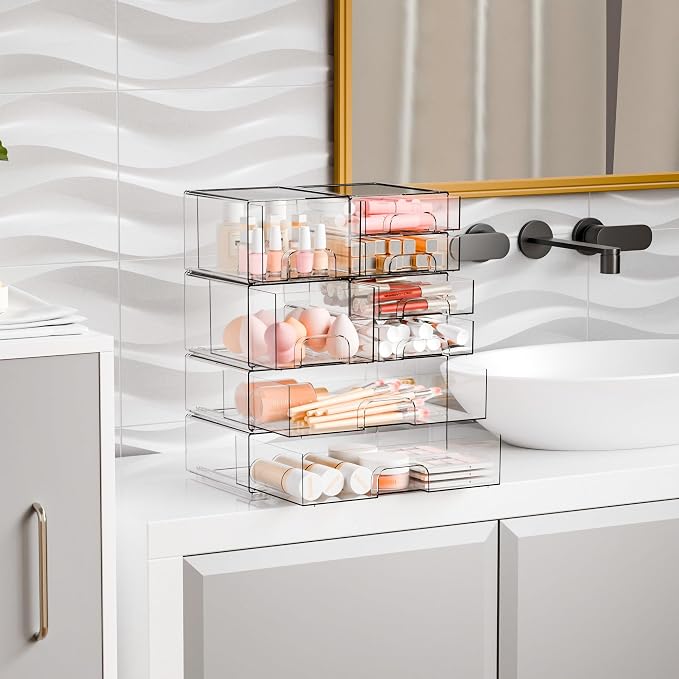 8 Pack Clear Stackable Storage Drawers,Acrylic Drawer Organizer for Medicine,Palettes,Hair Accessories and Makeup Organizer,Plastic Drawers for Cabinet,Office,Desk,Bathroom Storage Containers - Image 9