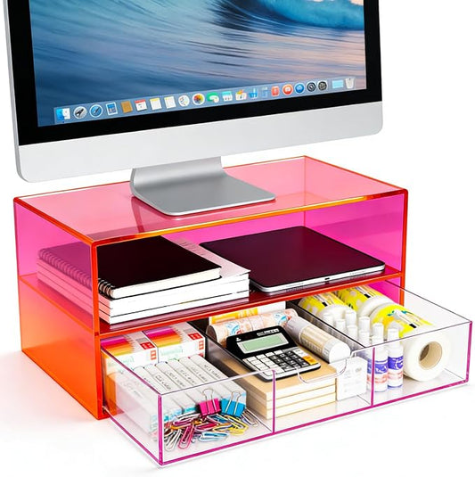 Gelite Acrylic Computer Monitor Stand for Desk Monitor Riser with Drawer Desktop Monitor Shelf with Storage, Neon Pink by Gelite