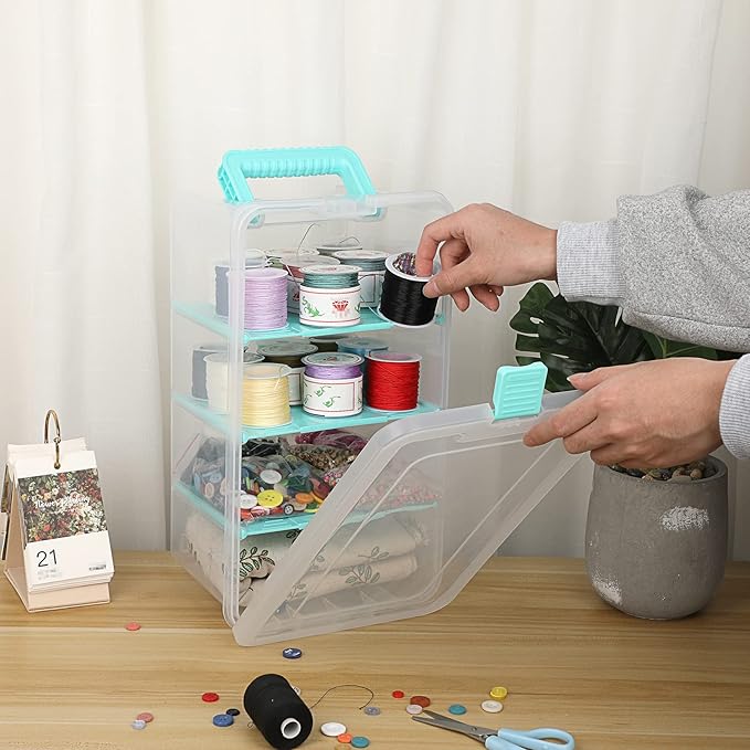 BTSKY Clear Plastic Dividing Storage Box with 4 Deep Compartment Sewing Box | 13.9x7.9x6.2 Inches Adjustable Storage Bin with Lid Portable Craft Storage Container Multipurpose Art Supply Organizer Blue - Image 2