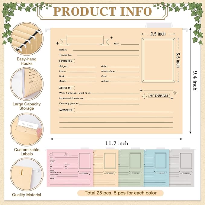 Glenmal 25 Pack School Years Memory File Folders Memory Pages Letter Hanging Files School Keepsake Organizer Questionnaire for Kids K-12 Student Info Record Personal Growth Tracking(Pastel) - Image 3
