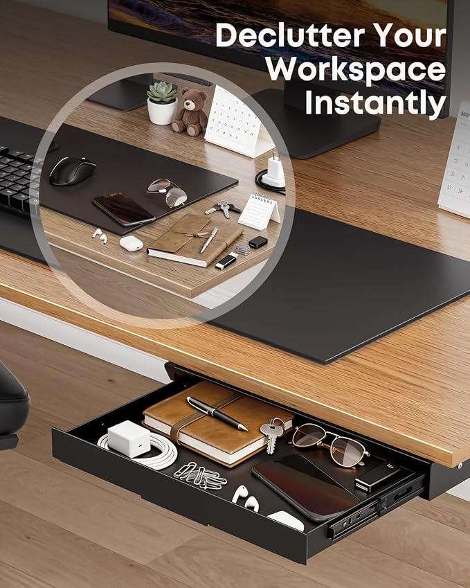 PUTORSEN Under Desk Storage Drawer 14.8" Wide - Smooth Slide Out Organizer for Standing Desk & Home Office, Max Load 17.6 lbs, Quiet Glide, Black - Image 6
