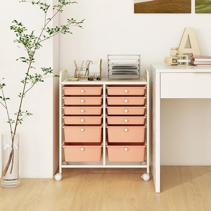 GOFLAME 12-Drawer Rolling Storage Cart, Multipurpose Organizer Cart with 2 Sizes Plastic Drawers, Mobile Utility Cart with Lockable Casters for School, Home Office, Beauty Salon, Peach Fuzz - Image 9