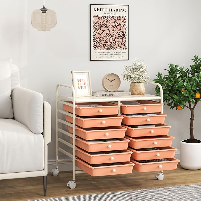 Giantex 12 Drawers Rolling Cart, Mobile Storage Drawer Cart, Classroom Organizer Cart for Office School Supplies Tools Scrapbook Paper Craft Small Printer, Utility Cart on Wheels, Peach Fuzz - Image 2