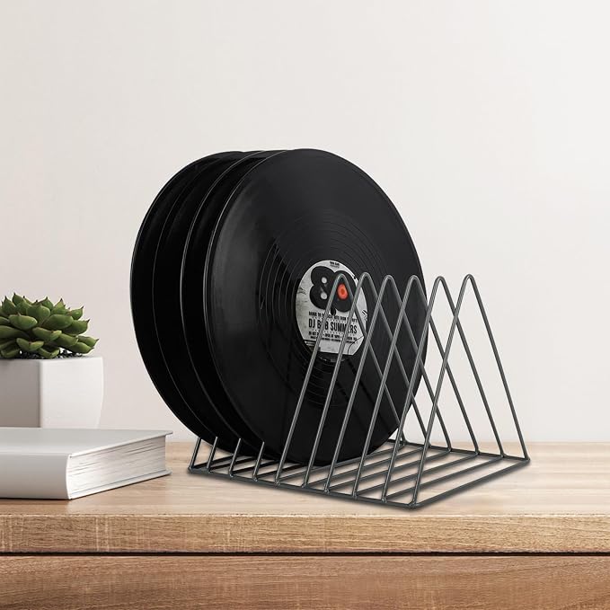 Vinyl Record Holder Storage, 9 Slot Metal Magazine Book Album Display Rack, Stylish Triangle Desktop File Sorter Organizer for Home Office, Grey - Image 5