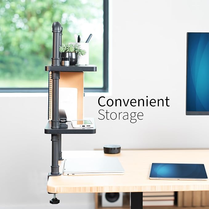 VIVO Clamp-on Premium 16 inch Industrial Pipe 2-Tier Tabletop Shelving, Heavy Duty Desk Extension Organizer, Modern Desktop Display Shelf, Black Shelves, DESK-SHELF16-2B - Image 7