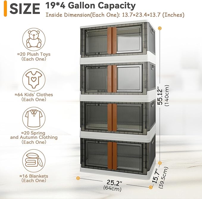 Storage Boxes, Extra Large Cabinet with Lids, 19 Gallon(72L) Capacity (Each One), 4 Packs, Useful Box with Door and Buckles, Foldable, Transparent, Excellent Home Organizers - Image 2