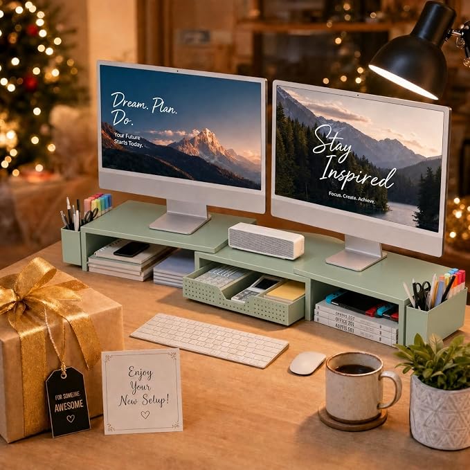 Desk Organizers and Accessories, Dual Monitor Stand Riser with Drawer and 2 Pen Holders, Desk Shelf Computer Monitor Stand for Office Workspace Organizers, Desktop Organization (Sage Green) - Image 9