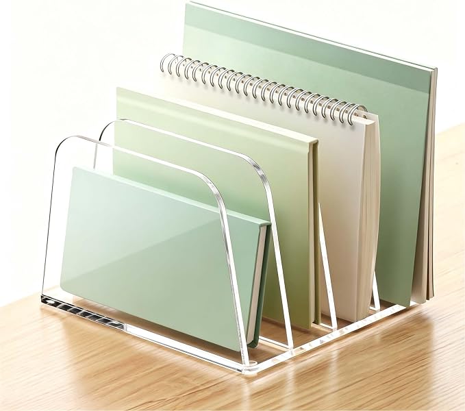 YUXUN Desk File Organizer Upright Clear Acrylic Desktop Organizer File Sorter Office Organization File Holder 4-Section Bookshelf for Home, Office & Classroom by AcrylicBusinessCardHold