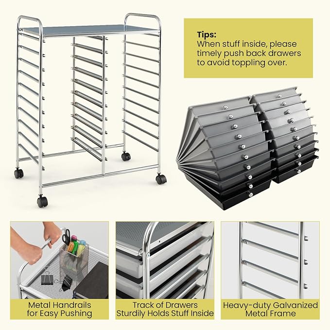 Giantex 20 Drawers Rolling Cart, Mobile Storage Drawer Cart, Classroom Organizer Cart for Office School Supplies Teacher Tools Paper Craft Small Printer, Utility Cart on Wheels, Gradient Grey - Image 6