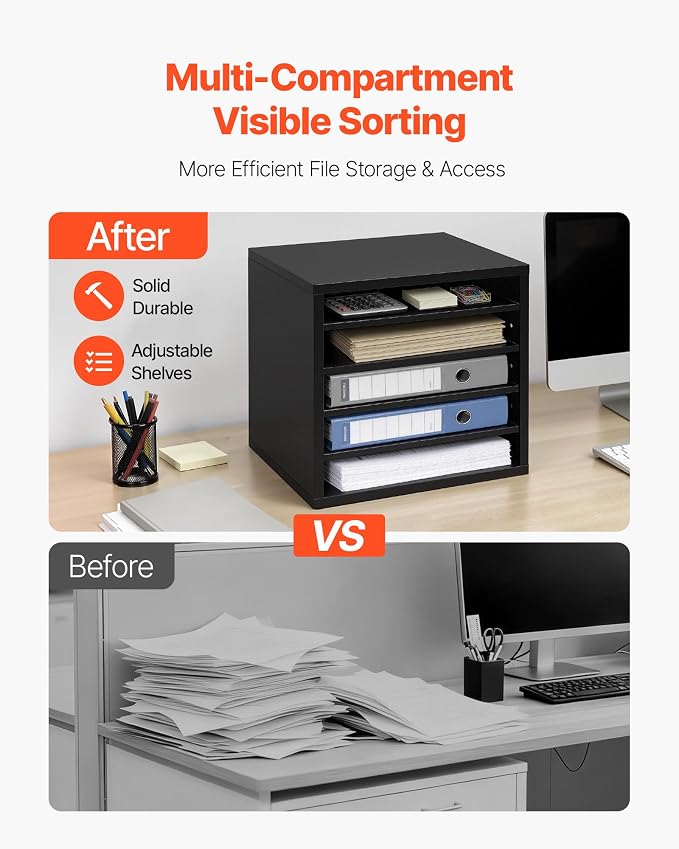 VEVOR Literature Organizer, 5 Compartments Office Mailbox with Adjustable Shelves, Wooden Mailbox Sorter with MDF, Countertop Office Home Classroom Storage Organizer for File, Document, Paper, Black - Image 2
