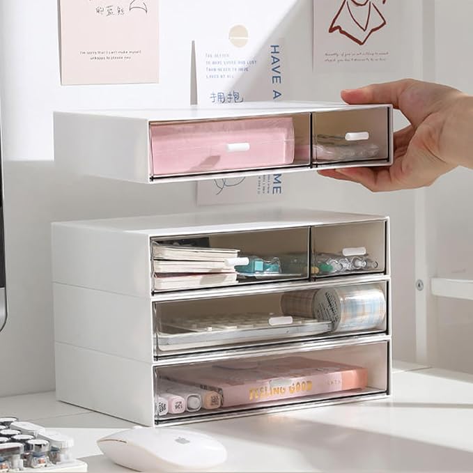 ASelected Desktop Organiser 7 Drawers Stackable Desk Storage Box, Small Plastic Storage Unit With Drawers Plastic Drawers Storage Unit For Home Collection, Makeup, Office Supplies White - Image 4
