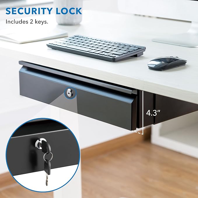 Mount-It! Locking Under Desk Pull-Out Drawer, Heavy-Duty Steel Under Table Slide-Out Storage Organizer with Key Lock for Private Storage, Smooth Glide Track, Fits Desks Over 0.71″ Thick - Image 3