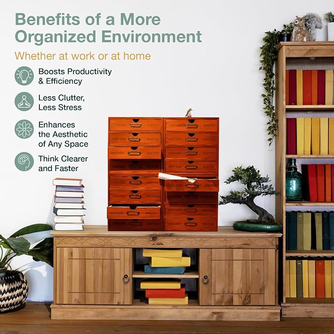 Stackable Apothecary Cabinet, 16 Drawer Wooden Storage I Vintage Card Catalog Style Organizer for Coins, Trading Cards, Crafts & DMC Floss I Multi Drawer Modular Wood Desk Cabinet w/Label Holders - Image 5