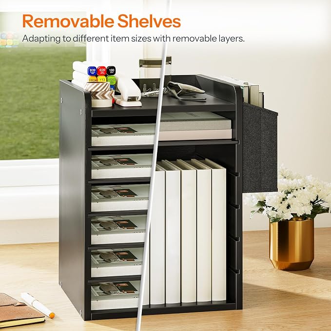 HOOBRO Adjustable Countertop Mail Sorter, 6 Tier Wooden Paper Organizer, Vertical Literature Organizer with Side Storage, Office Mailbox Cubbies, Classroom Mailbox, for Home, Office, Black BB34WF01 - Image 8