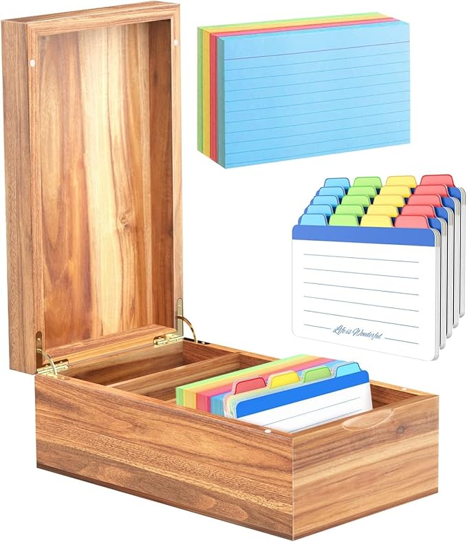 Neando 3x5 Index Card Organizer Box with Lid – Acacia Wood Note Card Holder with 200 Cards & 20 Dividers, Holds 600 Cards, 4 Compartments, Magnetic Closure – Desktop Storage for Study, Office, Recipes by Neando