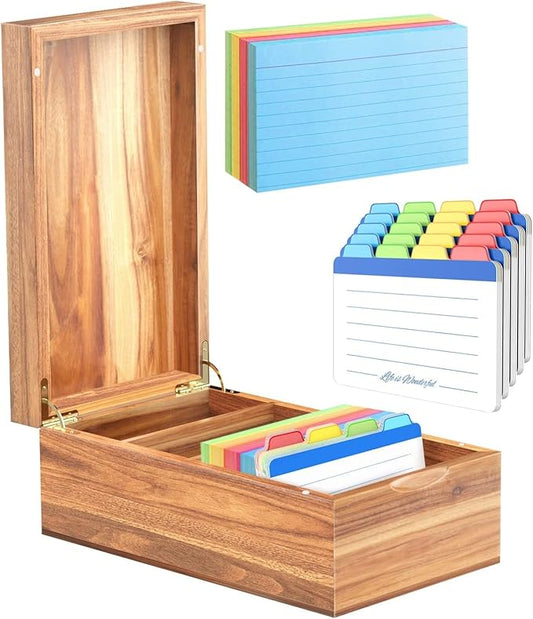 Neando 3x5 Index Card Organizer Box with Lid – Acacia Wood Note Card Holder with 200 Cards & 20 Dividers, Holds 600 Cards, 4 Compartments, Magnetic Closure – Desktop Storage for Study, Office, Recipes by Neando