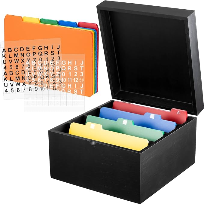5 x 8 Inch Index Card Holder Set, Bamboo Organizer Box with 50 Dividers & 2 Sheets Alphabet Number Stickers File Note Holders, Holds 1200 Cards for Office Business Home Kitchen, Black by Henoyso