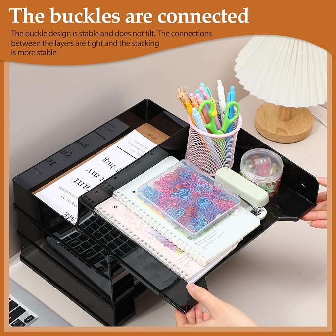 DoubleFill 8 Pcs Stackable Letter Tray Rectangular Plastic Desk Organizer 13 x 9.5 x 2.6 in Paper Holder File Tray Accessories Rack for Desktop Office Desk Drawers (Black) - Image 5