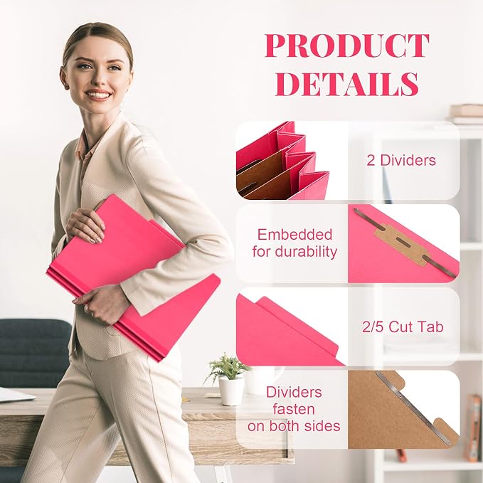 Skyygemm 12 Pcs Classification Folders Letter Size Bulk - 2 Dividers Pressboard File Folder with 3. 5 Inch Expansion, 2 Prongs Fastener, Heavy Duty Office File Organizer for Teacher Medical (Hot Pink) - Image 3