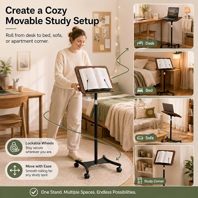 2-in-1 Rolling Book Stand, Floor & Desktop Book Holder for Heavy Books | Hands-free read | Lockable wheels | Cozy movable study setup | Up to 57 in | One stand, two ways to use | 360° Rotating Panel - Image 5