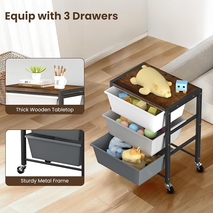 Rolling Cart with 3 Drawers, Plastic Drawer Storage Carts with Lockable Wheels & Wooden Tabletop, Metal Utility Cart Organizer, Office Bedroom Classroom Craft Organization and Storage, Dark Grey - Image 5
