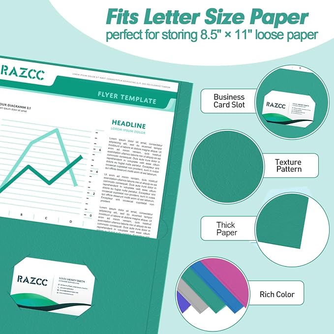 Two Pocket Folders, RAZCC 125 Pack 2 Pocket Folders Fit Letter Size Paper, Paper Folders with Pockets for School Office Business Home (Assorted 5 Colors) - Image 3