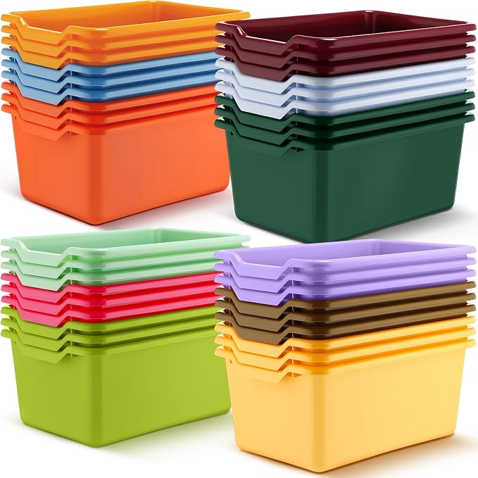 36 Pcs Plastic Book Bins for Classroom Library Colorful Scoop Front Cubby Bins Stackable Toy Storage Containers with Handles for School Home Office Nursery Daycare (Vintage Color) by Dandat