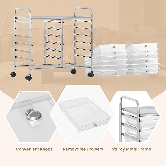 GOFLAME 12-Drawer Rolling Storage Cart, Multifunctional Art Craft Organizer Cart, Mobile Utility Storage Cart with Removable Drawers & Lockable Wheels, Craft Cart for Home Office School, Clear - Image 6