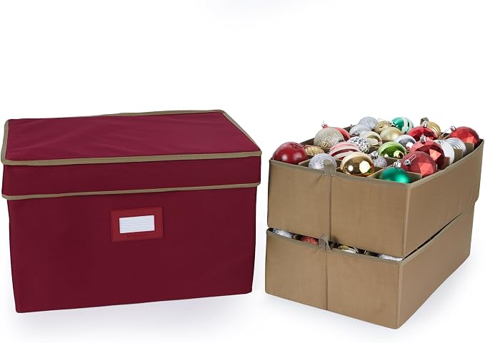 Covermates Keepsakes Adjustable Ornament Storage Box – Heavy-Duty Polyester, Padded Dividers & FlexGrid Trays – Protective Holiday Organizer with Stackable Walls & Label Window, Red by Covermates