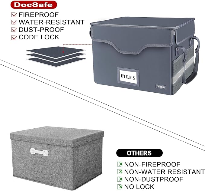 DocSafe Fireproof Document Box with Lock,File Storage Organizer with Zipper Pockets,Collapsible Portable File Box Home Office Safe Filing Cabinet with Handle for Hanging Letter/Legal Folders,Gray - Image 6
