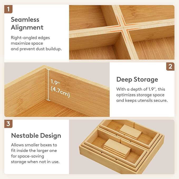 Lifewit Drawer Organizers 10 Pack(22 Grid) with 12 Inserts | Adjustable Bamboo Wooden Trays for Utensils, Silverware, Makeup, Kitchen, Bathroom, Office, Vanity Storage - Image 8