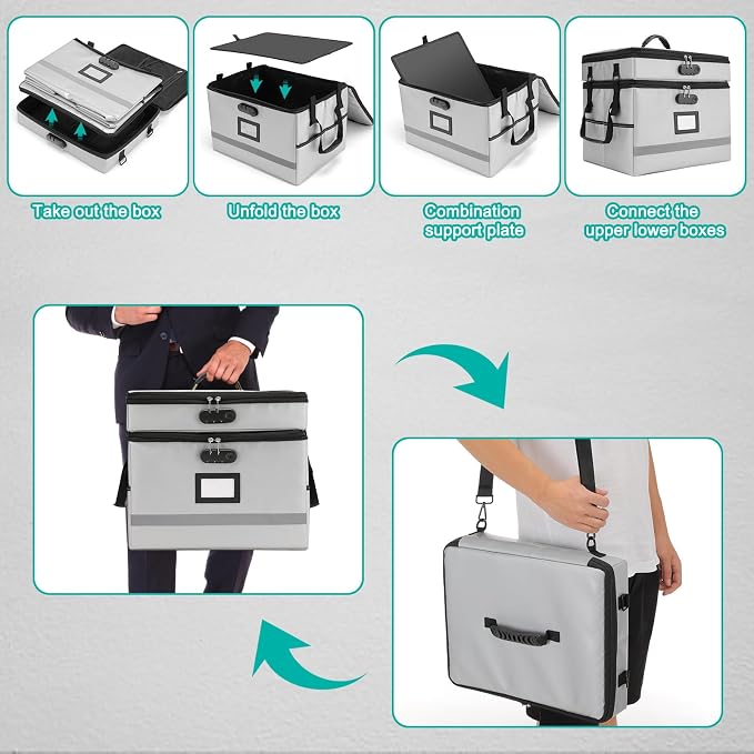 EXLIFBAG 2 Layer File Box with Lock, Portable Document Organizer Box with Handle, Fireproof File Box for Home Office, Legal File Organizer Storage - Image 4