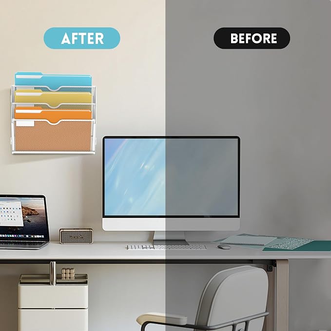3-Tier Wall File Organizer, Hanging Wall Mounted Mail Organizer with Label Slots, Metal Mesh File Holder Magazine Rack for Office, Home, School or Classroom, White - Image 5