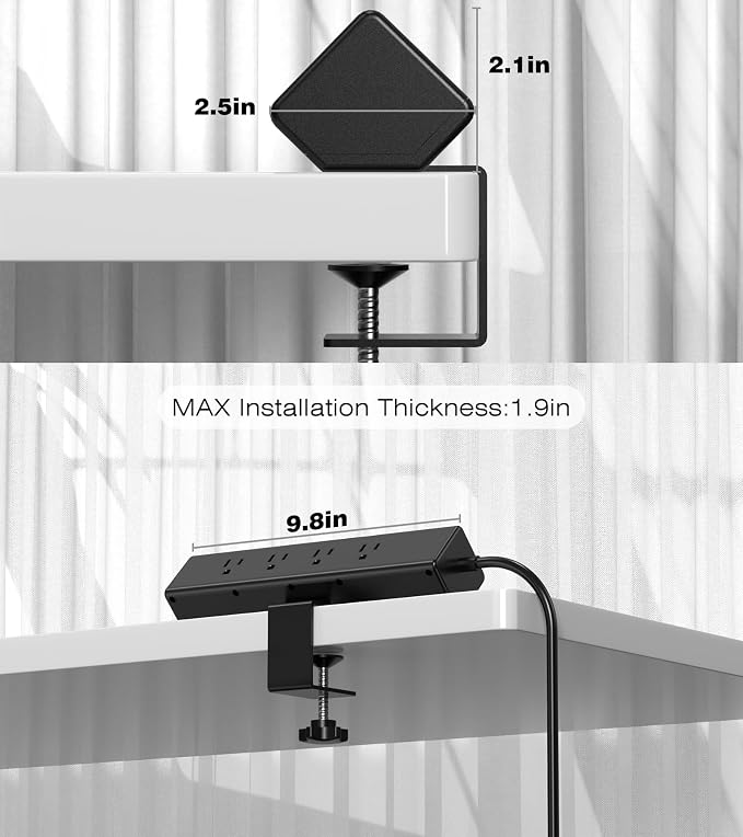 VILONG Desk Clamp Power Strip, Edge Mount, 8AC, 8USB (4 USB-C), 1200J | 40W Fast Charging Station, 10FT 14AWG Cord, Fits 1.9" Desk Edge, Home Office Workstation, Black, ETL Listed - Image 8