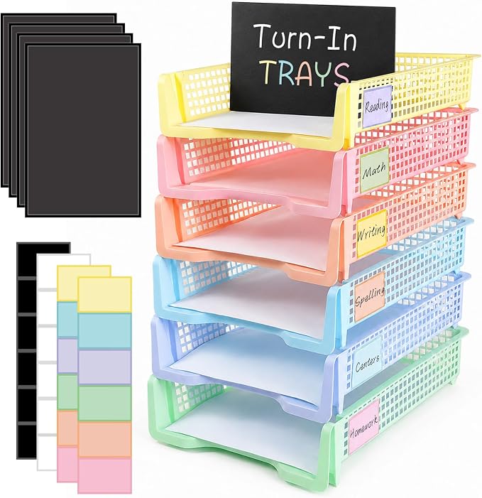 Set of 6 Pastel Turn in Trays with Label Stickers for Teachers Stackable Classroom Paper Letter Trays Plastic Classroom Desk Letter Organizer Tray Storage Baskets for Library, Drawers, Office, Home by CHUNNIN