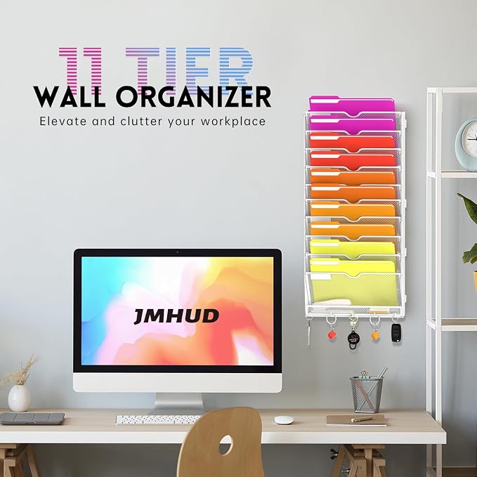 11-Tier Wall File Organizer with Base and Hooks, Hanging Organizer, White | Wall Organizer and Wall File Holder with 11 Vertical Pockets and Bottom Tray for Files, Mail, Folders, Magazines and Paper - Image 2