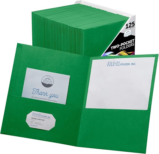 FILE-EZ Two-Pocket Folders, Green, 125-Pack, Textured Paper, Letter Size (EZ-32460) by FILE-EZ