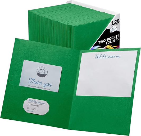 FILE-EZ Two-Pocket Folders, Green, 125-Pack, Textured Paper, Letter Size (EZ-32460) by FILE-EZ