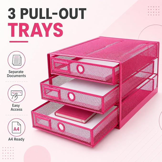 Exerz Paper Sorter 3 Drawer Wire Mesh A4 / Desk Multifunctional Desk Organiser/Multi-Layer Letter Tray - for Documents, Magazines, Notebooks and Letter (Pink) - Image 5
