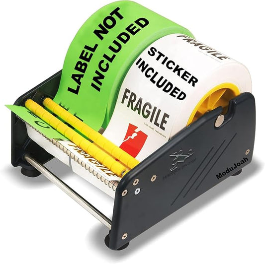 MDJ by Excell Manual Label Sticker Dispenser with 4 Suction Cups Base for Tabletop, Adjustable holder for multiple rolls for Office, Home, School, Warehouse, Easy Peel Off, Fits up to 6.5" Wide Labels by ModuJoah