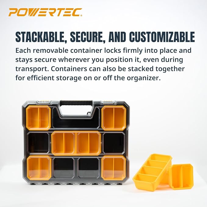 POWERTEC Small Parts Organizer & Tool Box – 20 Compartments, IP65 Water & Dust Protection, Stackable Storage with Interlocking Latch, Removable Bin, Dividers, Clear Lid, Portable Design (72366) - Image 5