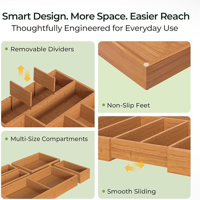 keechee 6-Piece Bamboo Drawer Organizer Set, 2.2" Deep Multi-Use Organizers for Utensils, Silverware, Cutlery, Desk, Bathroom, Junk Drawer & Makeup, Non-Slip Feet Included. - Image 5